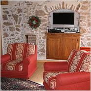 Stylowe wnętrze pokoju dziennego z dywanem na podłodze i dwoma fotelami z tapicerką w kolorze czerwonym